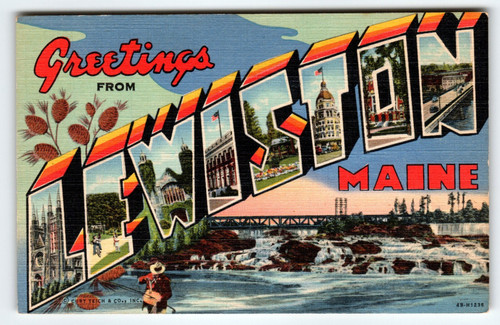 Greetings From Lewiston Maine Vintage 1940's Large Letter Postcard Linen Unused
