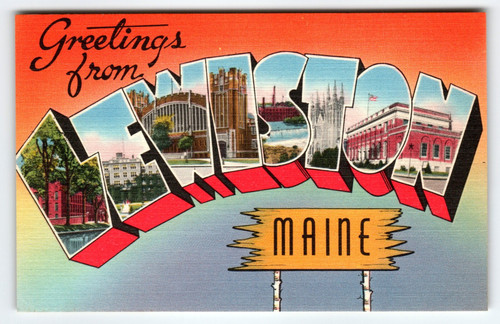 Greetings From Lewiston Maine Tichnor 1940's Large Letter Postcard Linen Unused