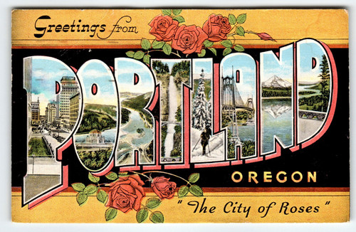 Greetings From Portland Oregon 1950's Large Letter Postcard Linen Kropp 1953
