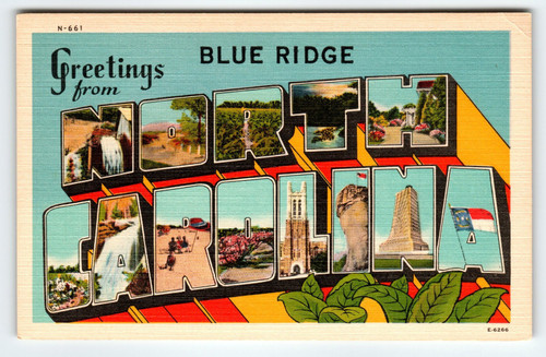Vintage Greetings from North Carolina Postcard Blue Ridge 1940's Linen Unused
