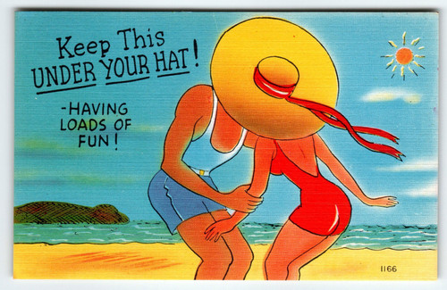 Keep This Under Your Hat - Having Loads of Fun! Beach Kiss Linen Postcard 1940's
