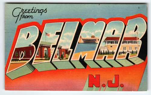 Greetings From Belmar New Jersey Linen Large Letter Postcard 1941 Vintage NJ