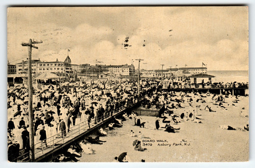 Antique Postcard Asbury Park NJ Boardwalk Crowded Beach Pier Hotels 1909 Mailed