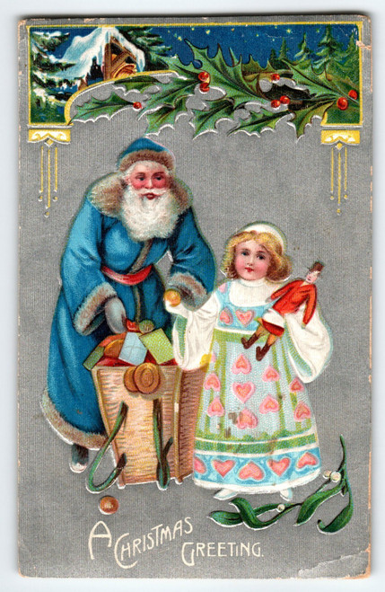 Antique Blue Suit Santa Christmas Greeting Child Doll Embossed Silver Postcard