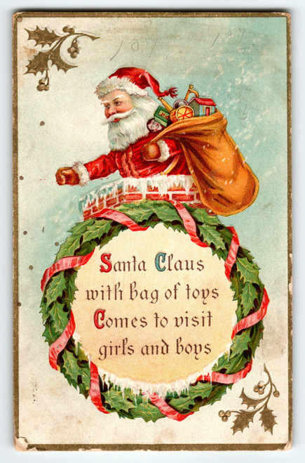 Antique 1910 Santa Claus Chimney Wreath Poem Mailed Illinois Postcard Embossed