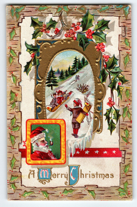 Antique A Merry Christmas Sledding Scene Postcard Santa Claus Figure Smokes Pipe