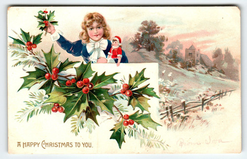 1907 Tuck's Christmas Postcard Holly Child Antique Virginia Embossed Country 102