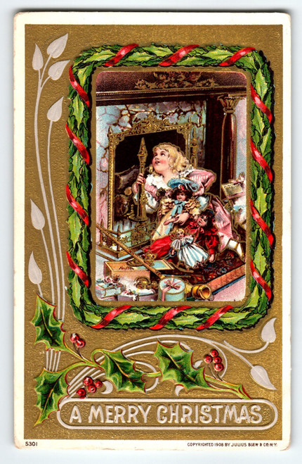 Vintage 1908 Christmas Postcard, Child w/ Dolls, Julius Bien Embossed Gold Trim