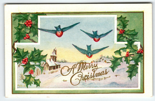 Vintage Merry Christmas Postcard Blue Birds Holly Church Winter Scene Embossed