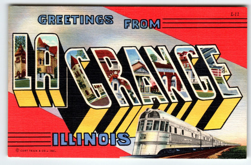 Greetings From La Grange Illinois Large Big Letter Linen Postcard Railroad Train