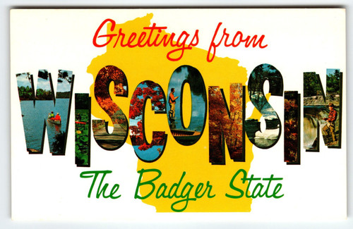 Greetings From The Badger State Wisconsin Vintage Large Letter Postcard Chrome