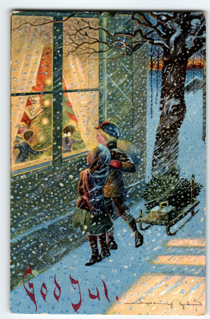 God Jul Swedish Children Christmas Tree Sled Antique Postcard Granbergs Brevkort