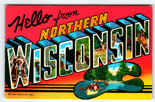 Greetings From Northern Wisconsin Postcard Curt Teich Chrome Buffalo Bill Stamp