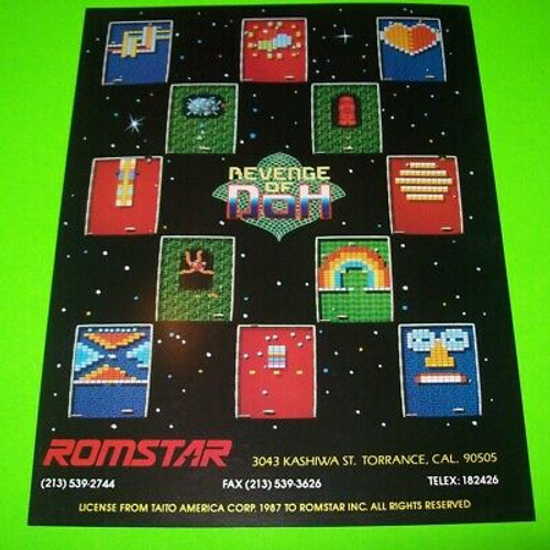 Romstar Revenge Of The Doh Arcade FLYER Original 1987 NOS Game Art Arkanoid II