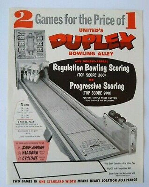 United Duplex Arcade FLYER Original NOS Ball Bowler Game Bowling Alley 1958