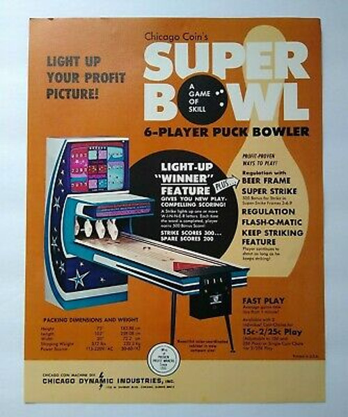 Chicago Coin Super Bowl Arcade FLYER Original Shuffle Alley Game Art Print 1972