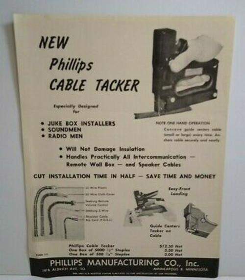 Vintage Phillips Manufacturing Cable Tacker FLYER Ad Jukebox Soundmen Installers