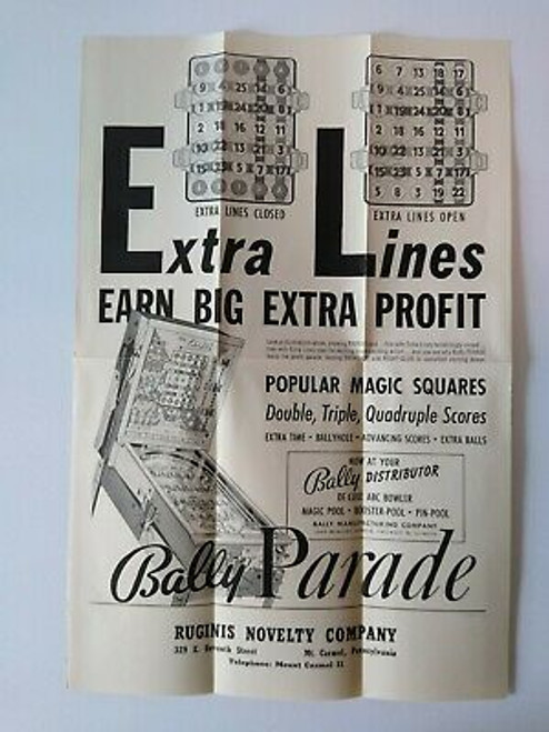 Bally Parade Pinball FLYER Original Vintage Arcade Bingo Game Promo Artwork 1956