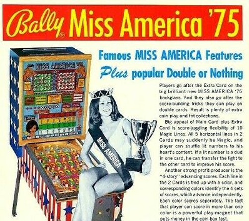 Miss America Pinball FLYER Original 1975 Bingo Game Art Pretty Lady Seated Bally