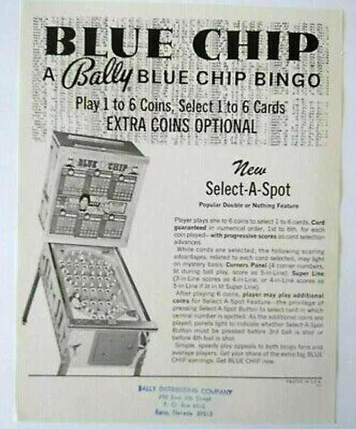 Bally Blue Chip Bingo Pinball FLYER Original 1975 Arcade Game Promo Art Print