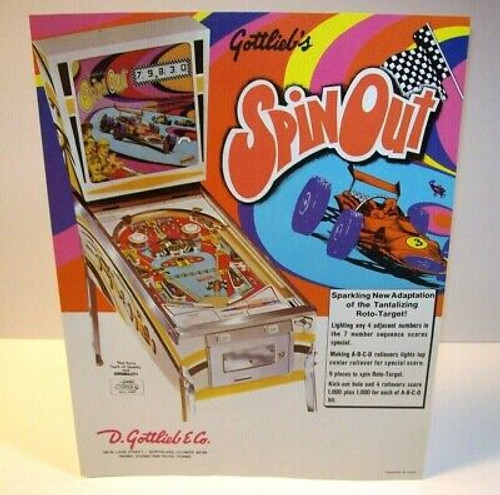 Gottlieb Spin Out Pinball FLYER Original NOS 1975 Game Art Print Retro Racing