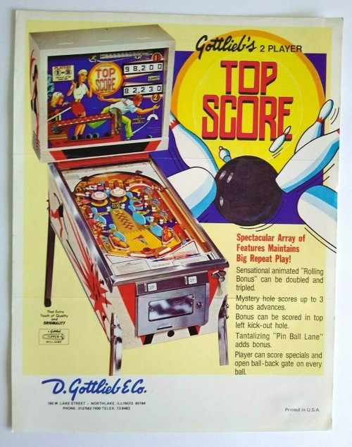 Gottlieb Top Score Pinball FLYER Original 1975 Game Art Print Bowling Sports