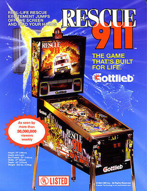 Gottlieb RESCUE 911 Original 1991 NOS Flipper Arcade Game Pinball Machine Flyer