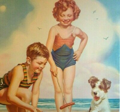 Children Terrier Dog Puppy Seagulls On Beach Art Print Vintage 1940s Ocean Waves