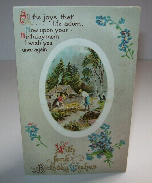 Birthday Postcard Vintage Embossed Oval Country Field Workers Blue Flowers 104