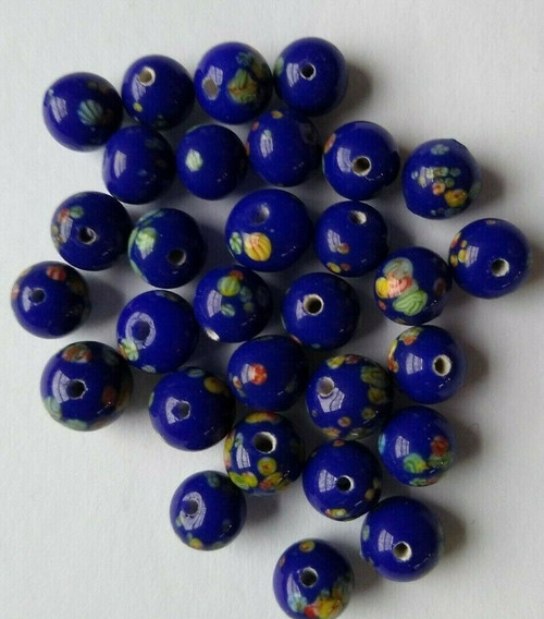 30 Cobalt Blue Glass Japanese Millefiori Flower Beads Flower Power Hippy Craze