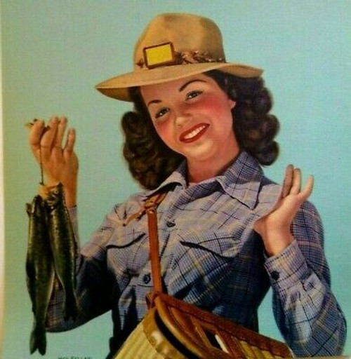 Sexy Lady Fishing Art Print Pin Up 1946 Lithograph Lovely Women Holds Big Catch