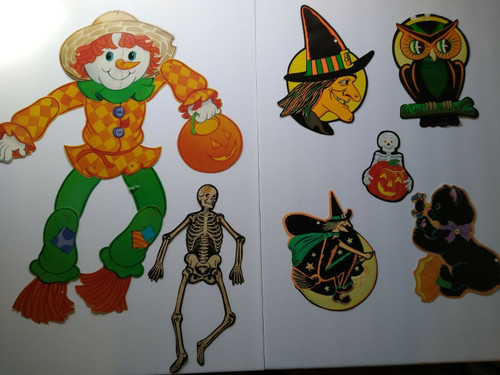 Vintage Halloween Diecuts Wall Decor Skeletons Witches Owls Scarecrow Lot of 7