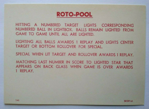 Gottlieb Roto Pool Pinball Machine 1958 Original Instruction Card Game SK391-6