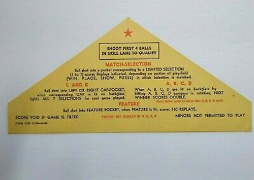 Turf King Bally Bingo Pinball 1950 Original Game Replay Instruction Card 5-160