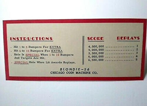 Blondie Chicago Coin 1956 Pinball Game Score Card Instructions NOS Original