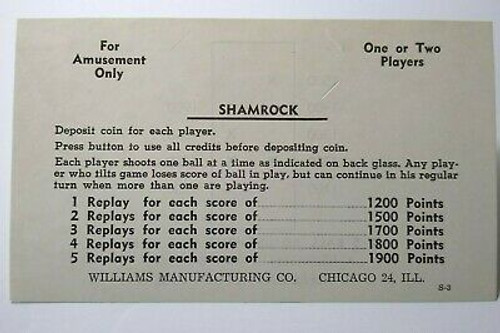 Shamrock Williams 1956 Pinball Machine Score Card Instructions NOS Original S-3