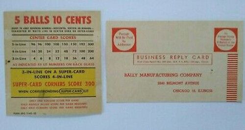 Big Time Bally Bingo Pinball 1956 Original Game Replay Value Card + Postcard