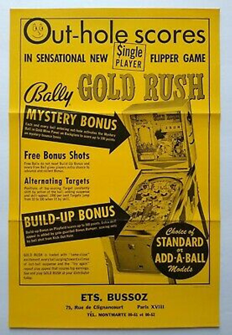 Bally Gold Rush Pinball FLYER 1966 Original Game Sheet Wild West Mining Artwork