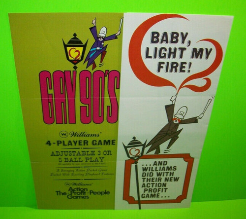 Gay 90's Pinball FLYER Original Williams 1970 Game Artwork Baby Light My Fire