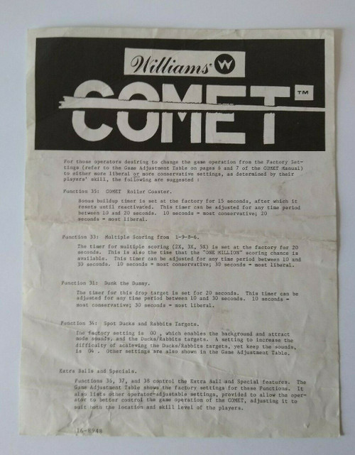 Williams Comet Pinball FLYER Operators Information Sheet 1985 Original Vintage