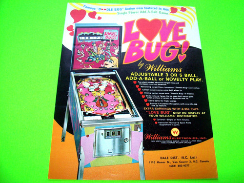 Williams LOVE BUG Original 1971 Flipper Game Pinball Machine Promo Sales Flyer