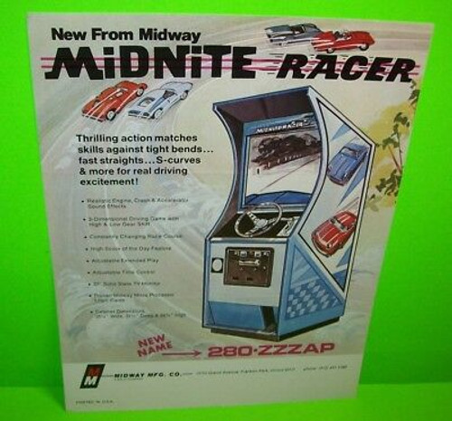 MIDNITE RACER Video Arcade Game FLYER Midway 280 - ZZZAP Promo Artwork 1976