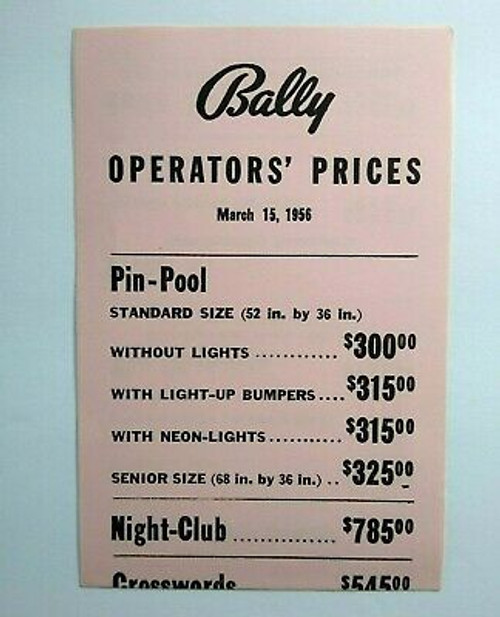 Bally Operators Prices List Arcade Game & Bingo Pinball March 15 1956 Night Club