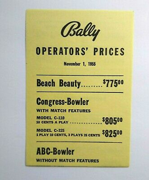 Bally Operators Prices List Arcade Game & Bingo Pinball Nov 1 1955 Beach Beauty