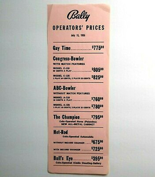 Bally Operators Prices Original Arcade Game & Bingo Pinball Machine July 15 1955