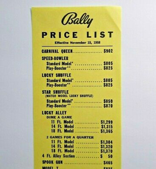 Bally Operator Prices List Arcade Game Bingo Pinball Nov 15 1958 Carnival Queen