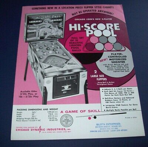 Hi Score Pool Pinball Flyer Original Vintage Chicago Coin 1971 Artwork Promo