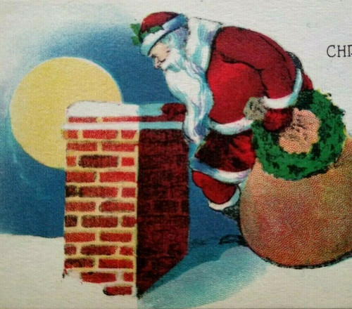 Santa Claus Chimney Moon Wreath Christmas Postcard Metropolitan News Unused 350