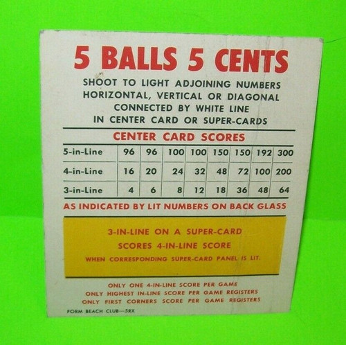 Beach Club Bally Bingo Pinball Machine 5 Balls 5 Cents Score Instruction Card