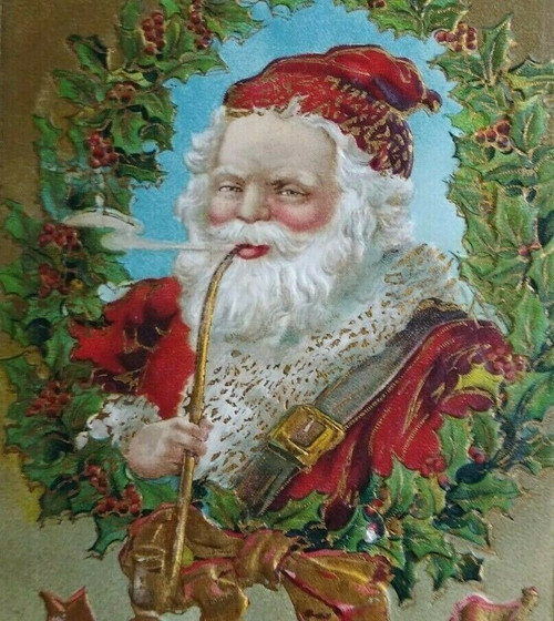 Christmas Postcard Santa Smoking Long Pipe Gold Trimmed E.B. NY Germany Embossed